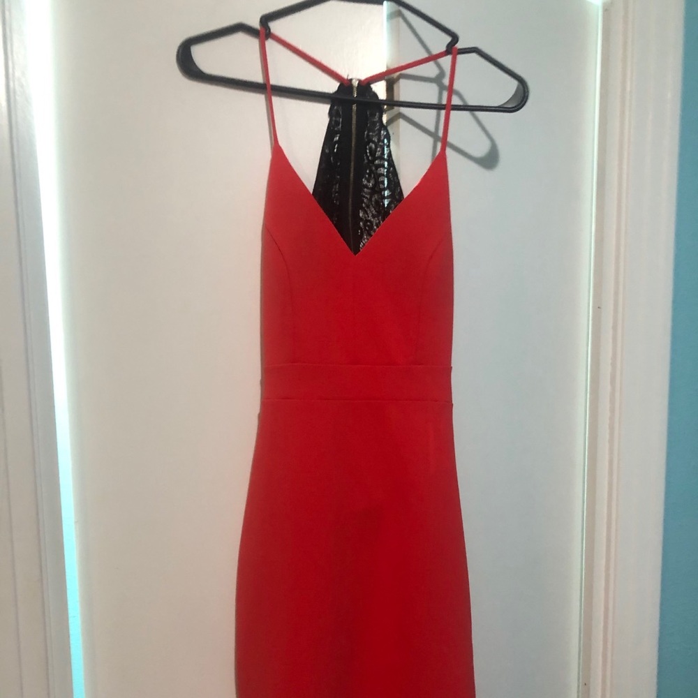 Red fitted short pencil dress w/ lace open back